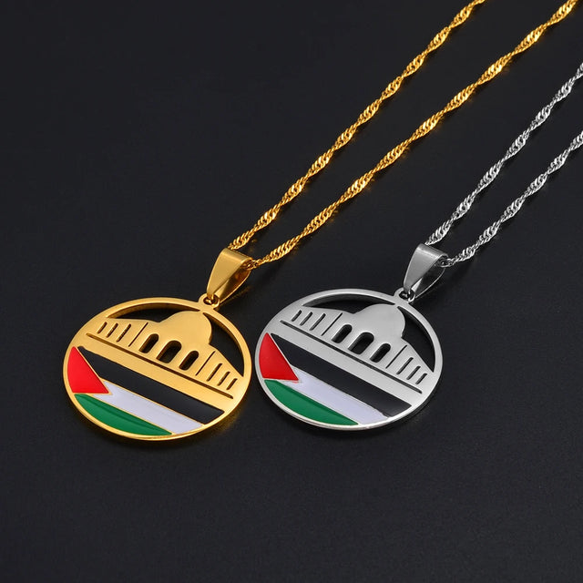 Al-Aqsa Mosque & Palestine Flag Pendant Necklace - Stainless Steel Water-Wave Chain