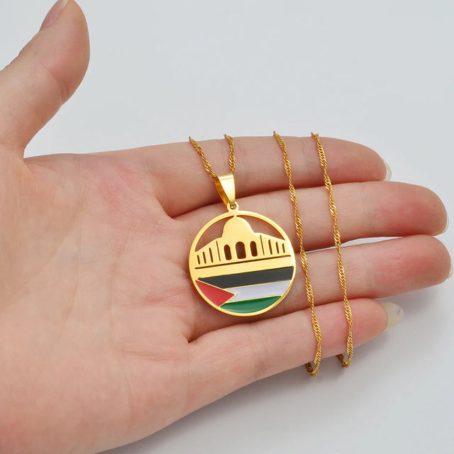 Al-Aqsa Mosque & Palestine Flag Pendant Necklace - Stainless Steel Water-Wave Chain