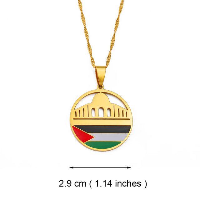 Al-Aqsa Mosque & Palestine Flag Pendant Necklace - Stainless Steel Water-Wave Chain