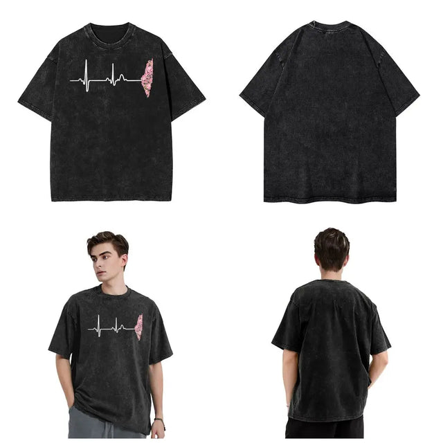 Heart Beat Palestine T-Shirt – Oversized Hip Hop Cotton Tee for Men & Women