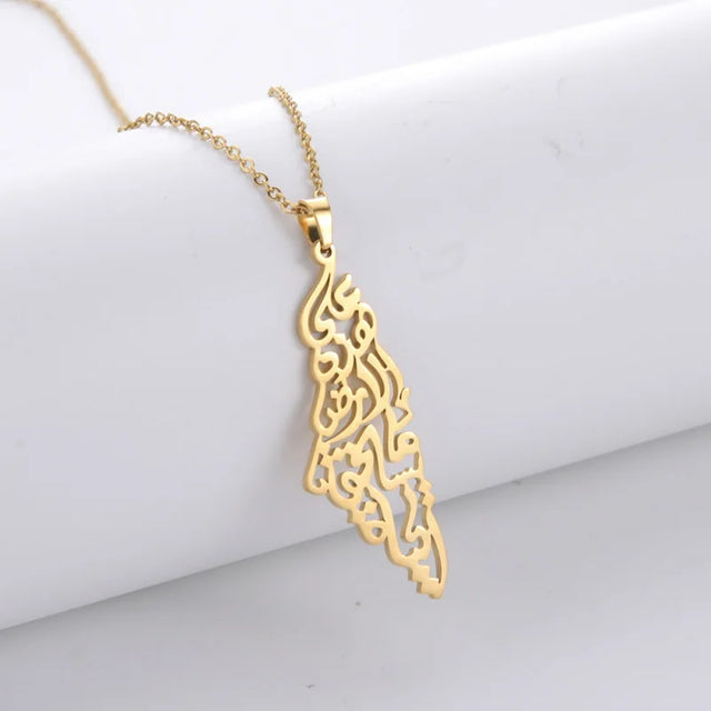 Arabic Calligraphy Palestine Map Pendant - Stainless Steel Necklace for Men & Women