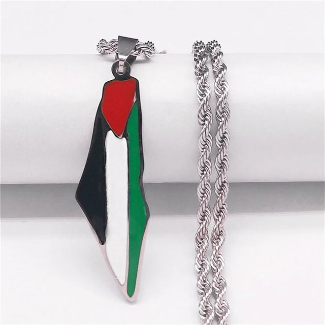 Palestine Map Flag Pendant Necklace - Stainless Steel Jewelry for Men & Women