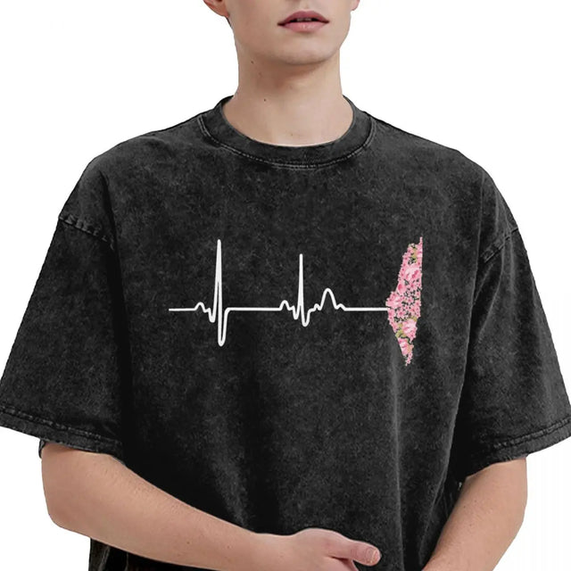 Heart Beat Palestine T-Shirt – Oversized Hip Hop Cotton Tee for Men & Women