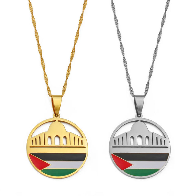 Al-Aqsa Mosque & Palestine Flag Pendant Necklace - Stainless Steel Water-Wave Chain