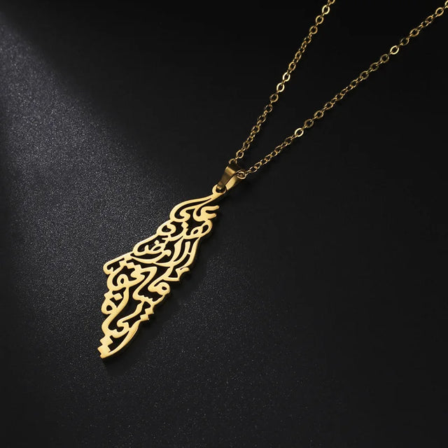 Arabic Calligraphy Palestine Map Pendant - Stainless Steel Necklace for Men & Women