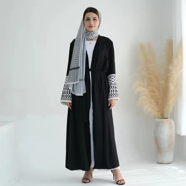 White Black Palestine Abaya - Elegant Islamic Kimono Dress for Women