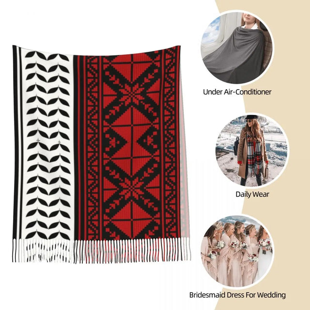 Women's Arabic Folk Kufiya Scarf – Large Tassel Keffiyeh Winter Wrap