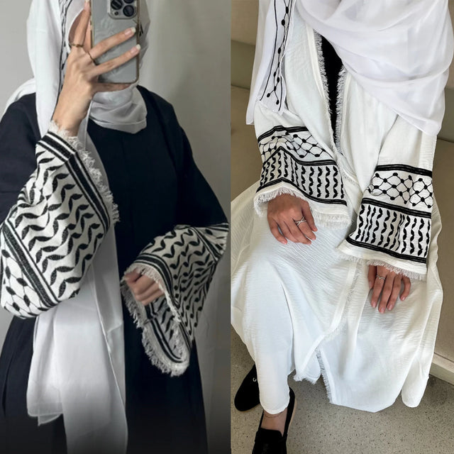 Elegant Crepe Embroidered Abaya - Tassel Kefiyyeh Ramadan Dress for Women
