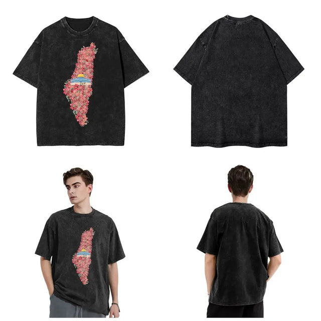 Floral Palestine Map T-Shirt – Washed Oversized Streetwear Tee for Men & Women