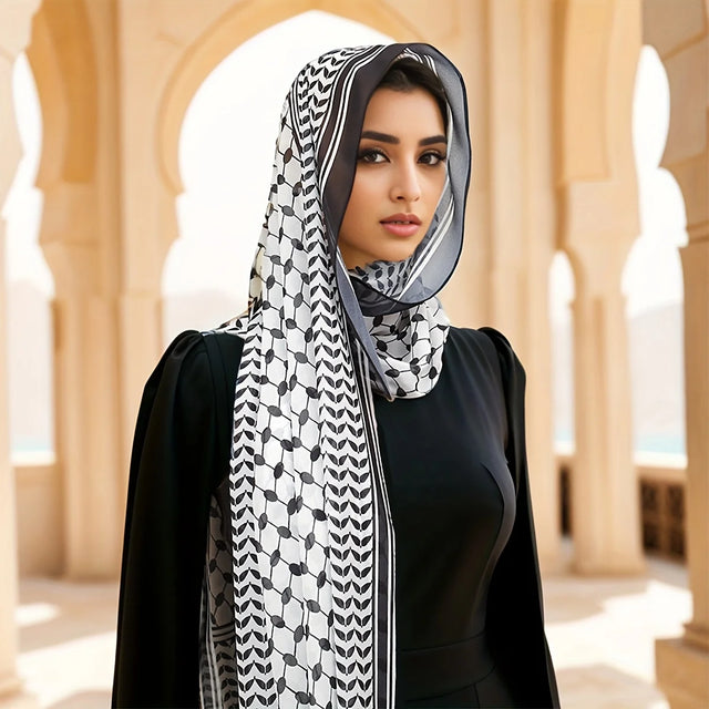 Vintage Geometric Chiffon Hijab - Lightweight Long Scarf for Women