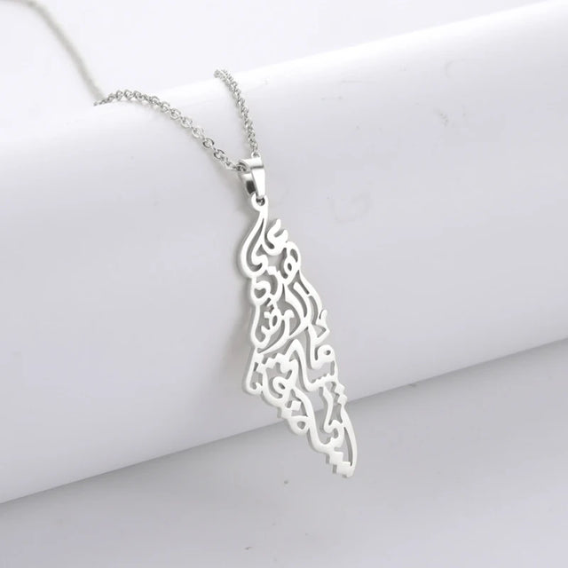 Arabic Calligraphy Palestine Map Pendant - Stainless Steel Necklace for Men & Women