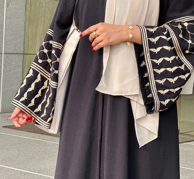 Elegant Embroidered Muslim Cardigan - Modest Dubai Abaya with Belt for Women