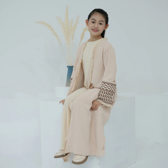 Kids Tassel Embroidery Abaya - Modest Islamic Kimono Kaftan, Dubai Style