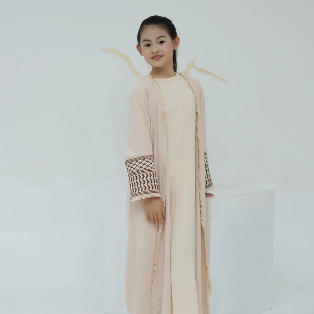 Kids Tassel Embroidery Abaya - Modest Islamic Kimono Kaftan, Dubai Style