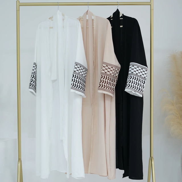 Elegant Crepe Embroidered Abaya - Tassel Kefiyyeh Ramadan Dress for Women