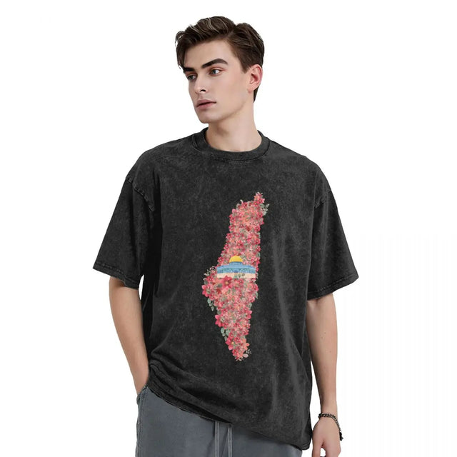 Floral Palestine Map T-Shirt – Washed Oversized Streetwear Tee for Men & Women