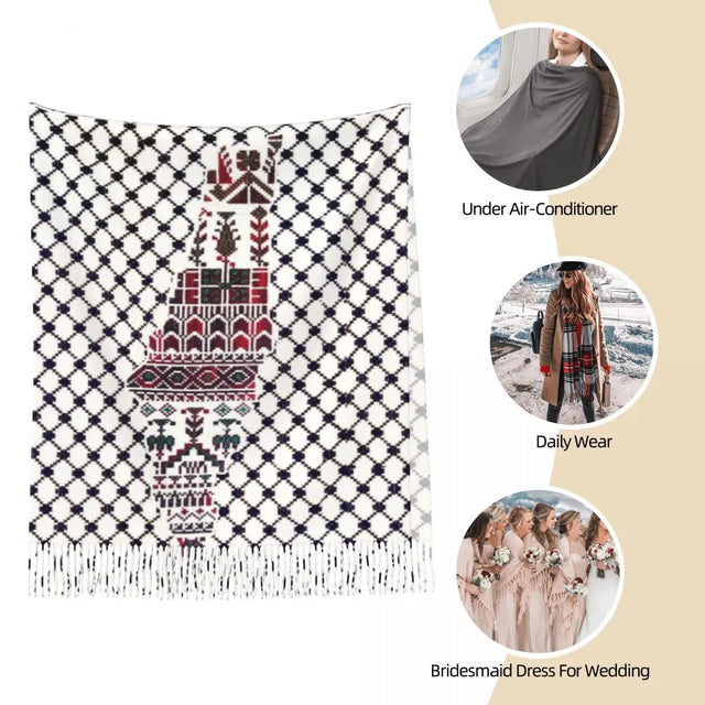 Women's Reversible Palestine Scarf - Large Tatreez Embroidered Shawl with Tassels