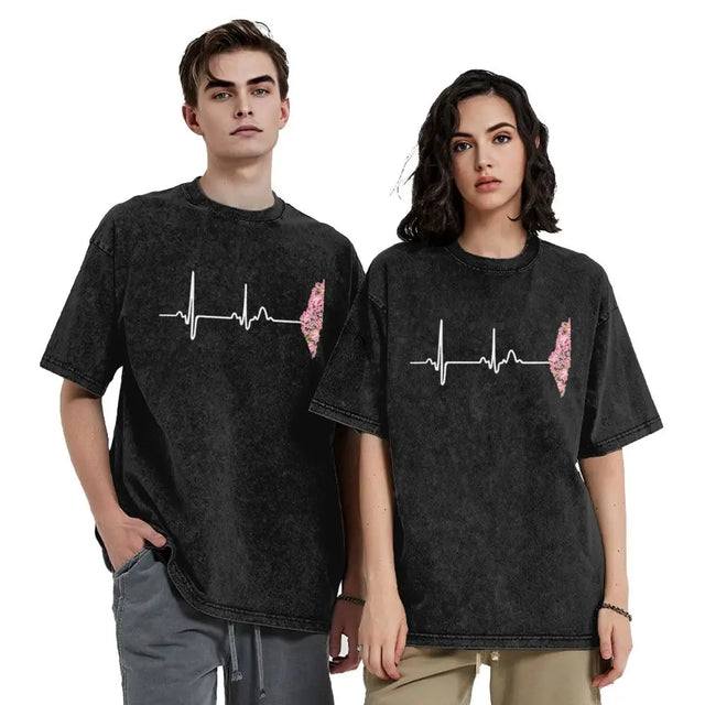 Heart Beat Palestine T-Shirt – Oversized Hip Hop Cotton Tee for Men & Women