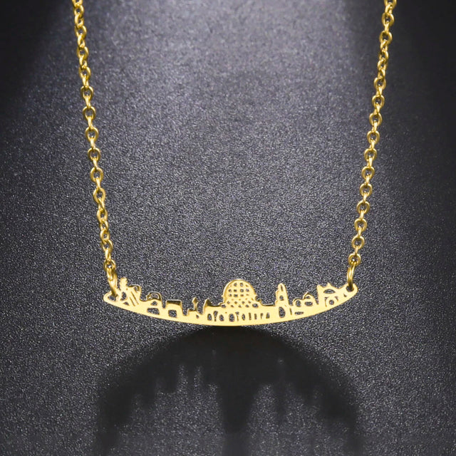 Cazador Jerusalem City Pendant Necklace - Stainless Steel Gold Chain, Vintage Jewelry for Women