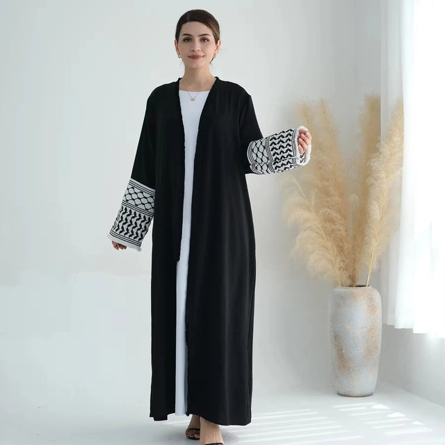 White Black Palestine Abaya - Elegant Islamic Kimono Dress for Women