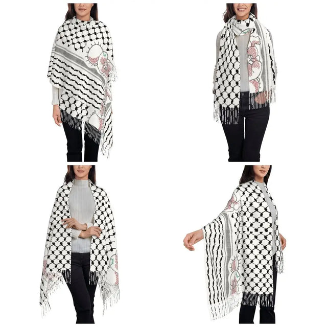 Palestinian Tatreez Scarf - Reversible Winter Shawl with Kufiya Pattern
