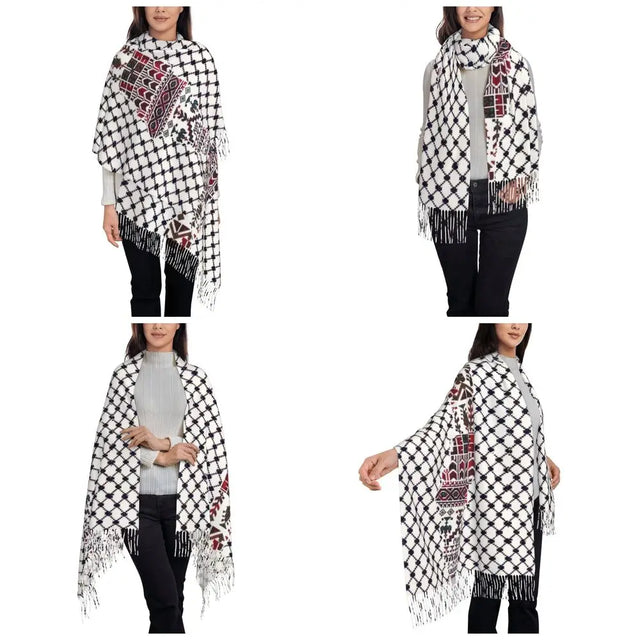 Women's Reversible Palestine Scarf - Large Tatreez Embroidered Shawl with Tassels