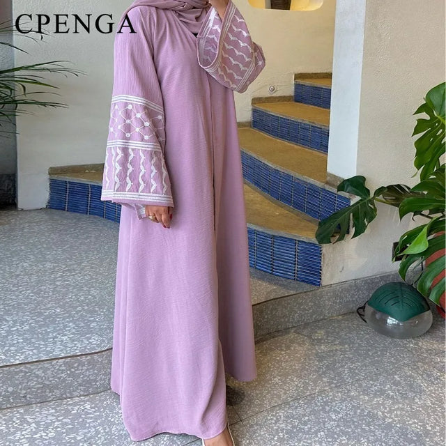 Elegant Embroidered Muslim Cardigan - Modest Dubai Abaya with Belt for Women