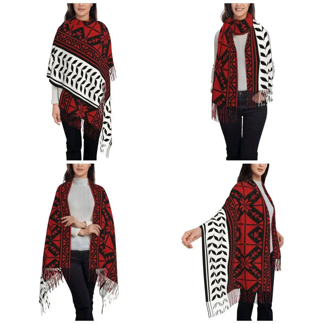 Women's Arabic Folk Kufiya Scarf – Large Tassel Keffiyeh Winter Wrap