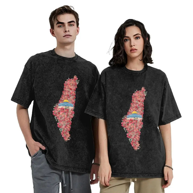 Floral Palestine Map T-Shirt – Washed Oversized Streetwear Tee for Men & Women