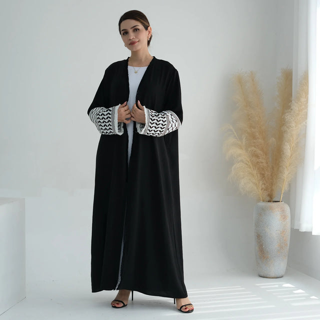 White Black Palestine Abaya - Elegant Islamic Kimono Dress for Women