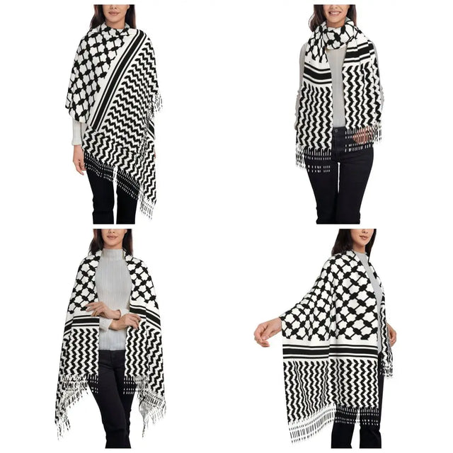 Women's Reversible Arab Keffiyeh Scarf – Long Tassel Winter Shawl Wrap