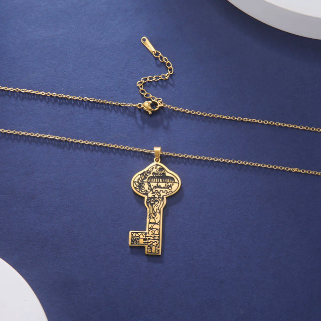 Cazador Vintage Arabic Key Pendant Necklace - Stainless Steel Chain, Islamic Jewelry for Men & Women