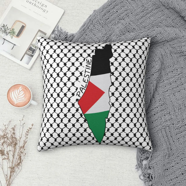 Palestine Flag Map with Palestinian Kufiya Cushion Cover