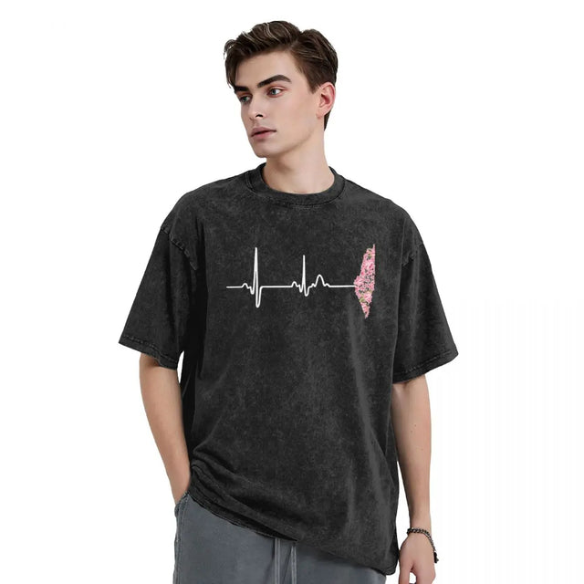 Heart Beat Palestine T-Shirt – Oversized Hip Hop Cotton Tee for Men & Women