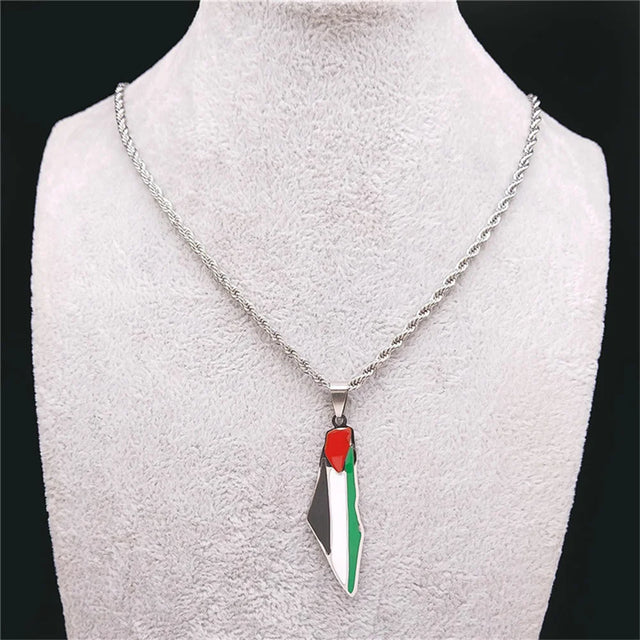 Palestine Map Flag Pendant Necklace - Stainless Steel Jewelry for Men & Women