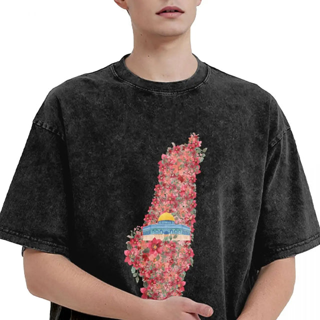 Floral Palestine Map T-Shirt – Washed Oversized Streetwear Tee for Men & Women