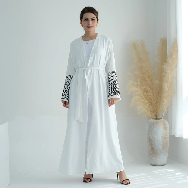 White Black Palestine Abaya - Elegant Islamic Kimono Dress for Women