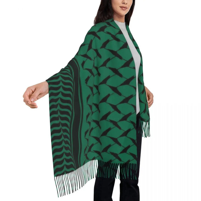 Palestine Keffiyeh Scarf for Women – Soft Green Tassel Winter Headwear
