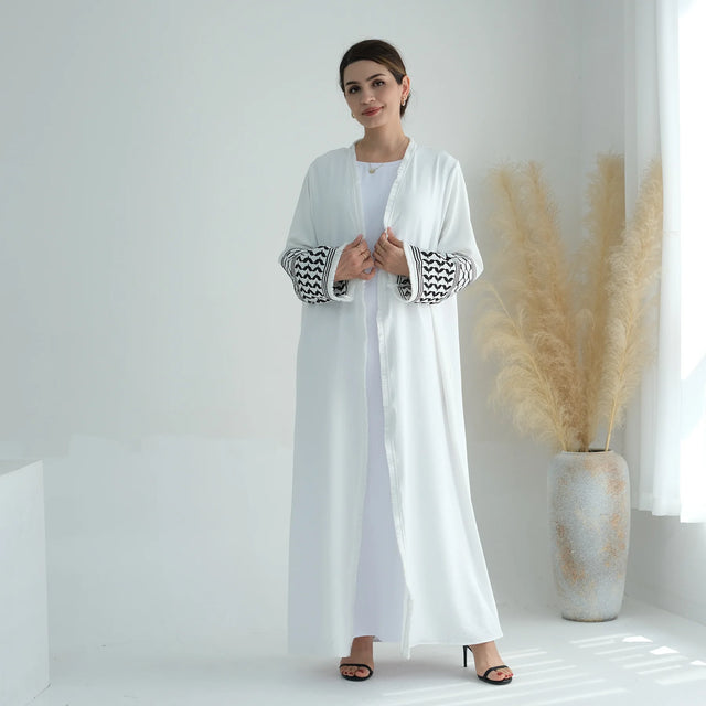 White Black Palestine Abaya - Elegant Islamic Kimono Dress for Women